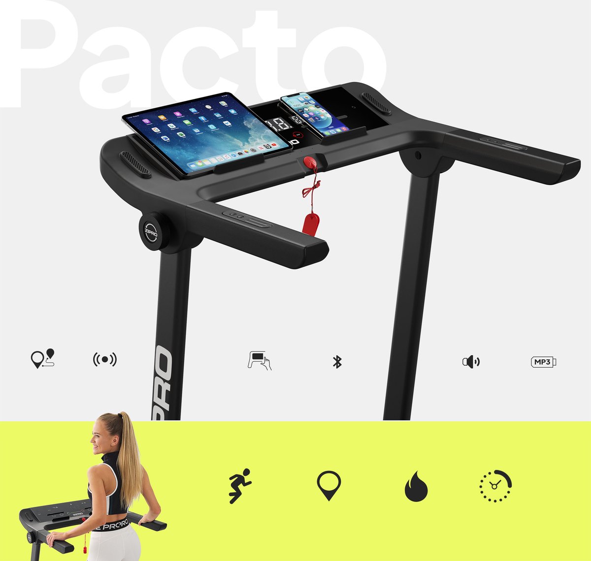 Afbeelding 3 van Zipro® Pacto Elektrische Loopband 1-16 km/h - Wandelband - 12 Programma’s - Cardiotraining - LCD-display - Eenvoudig opvouwen naar een verticale positie - Nauwkeurige gegevensmeting - Ingebouwde luidsprekers - Bluetooth