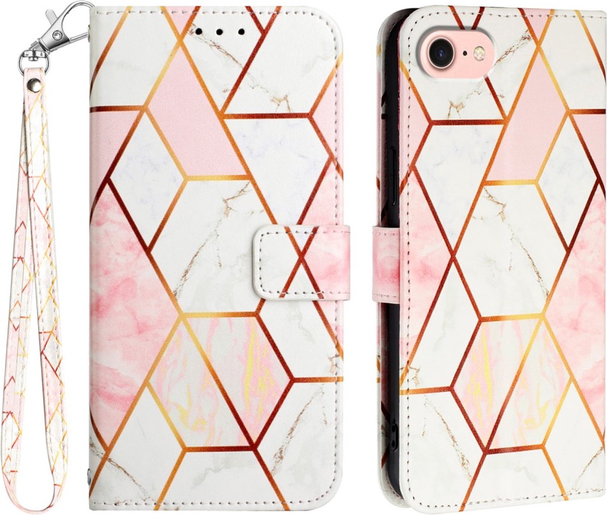 Peachy Rose Marble Wallet kunstleer hoesje geschikt voor iPhone 16e - wit en roze