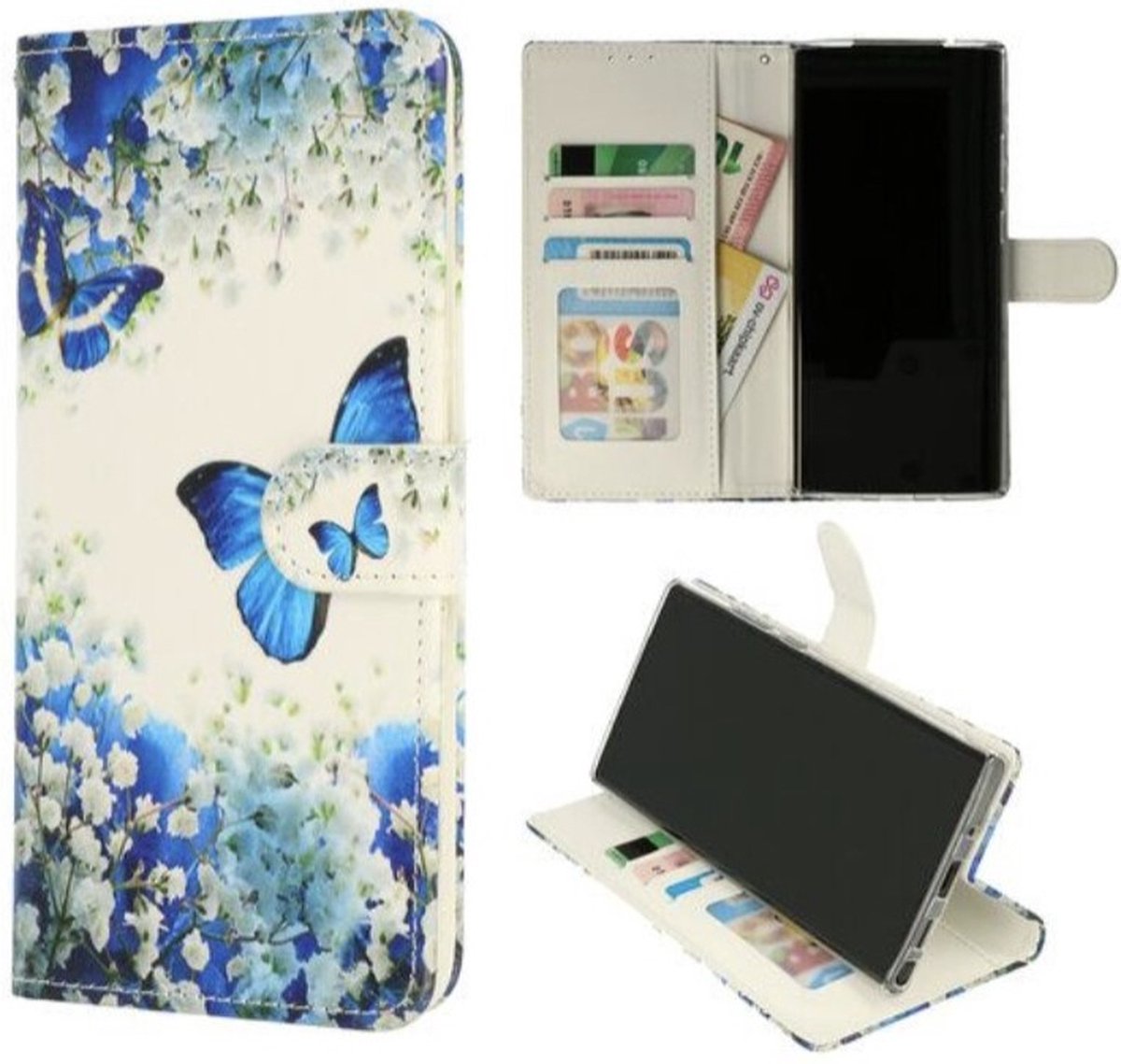 Cityhoesje - iPhone 16 Plus Book Case – Hoesje – Magneetsluiting – Vlinder Blauw