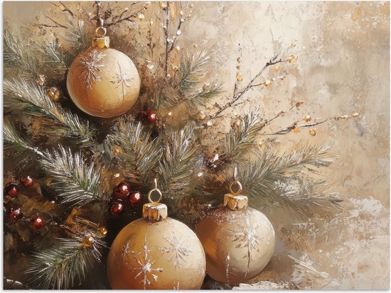 Poster 120x90 cm - Kerst - Kerstballen - Beige - Goud - Posters - Kamer decoratie - Wanddecoratie woonkamer - Kerstdecoratie voor binnen - Kerstversiering - Kerstmis versiering in huis - Kerstaccessoires