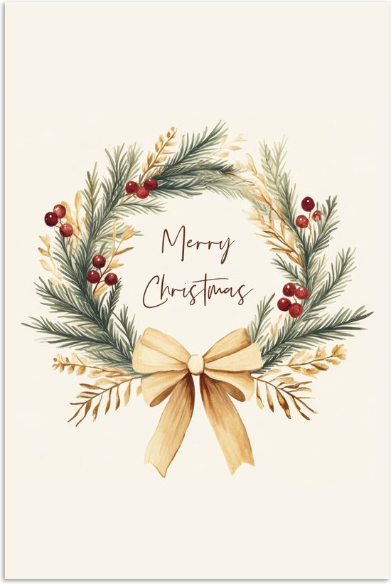 Poster 80x120 cm - Kerstkrans - Kerst - Goud - Beige - Posters - Kamer decoratie - Wanddecoratie woonkamer - Kerstdecoratie voor binnen - Kerstversiering - Kerstmis versiering in huis - Kerstaccessoires
