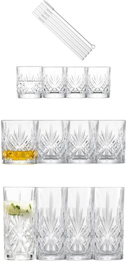 Ensemble de 6 verres: 4 verres à whisky, 2 verres hauts et 5 pailles en verre avec une brosse de nettoyage.