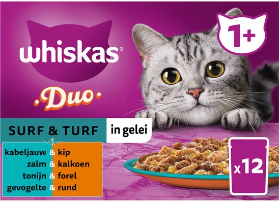 Whiskas Adult 1 natvoer voor katten, keuze uit gelei, 4 x 12 x 85 g (48 portiezakken), hoogwaardig nat voer voor volwassen katten