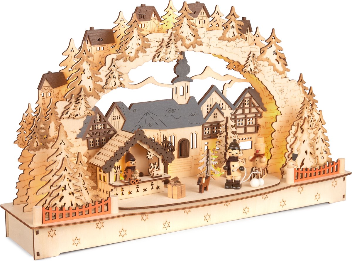 BRUBAKER 3D lichtboog, led-lichtboog, groot kerstdorp 2024, kerstverlichting van natuurlijk hout, 27 x 45 x 12 cm, handbeschilderde figuren, kerstdecoratie voor tafel en raam