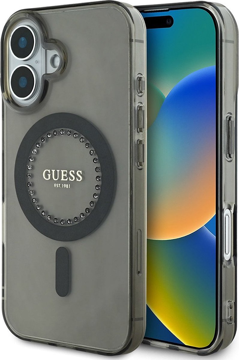 Guess IML Rhinestones Back Cover hoesje met MagSafe voor Apple iPhone 16 Plus - Zwart