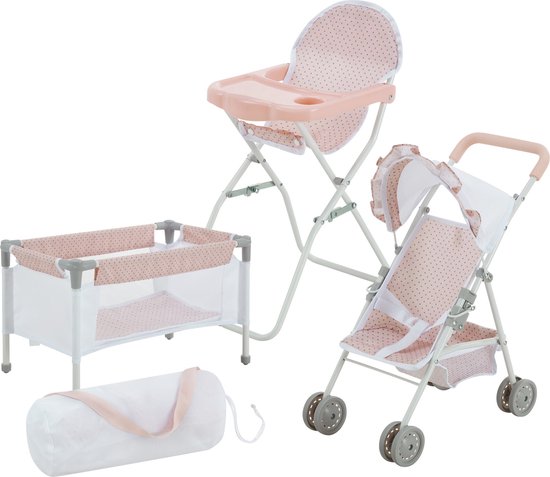 Olivia's Little World - Polka Dot Prinsessenset voor Poppen - Wieg, Kinderstoel & Kinderwagen - Roze & Grijs