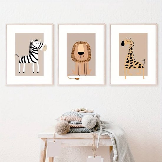 Set van 3 Canvas 'Afrika' - Canvas Posters - 30x40cm - Zebra - Leeuw - Giraffe - Babykamer - Kinderkamer - Dieren Poster - Wanddecoratie