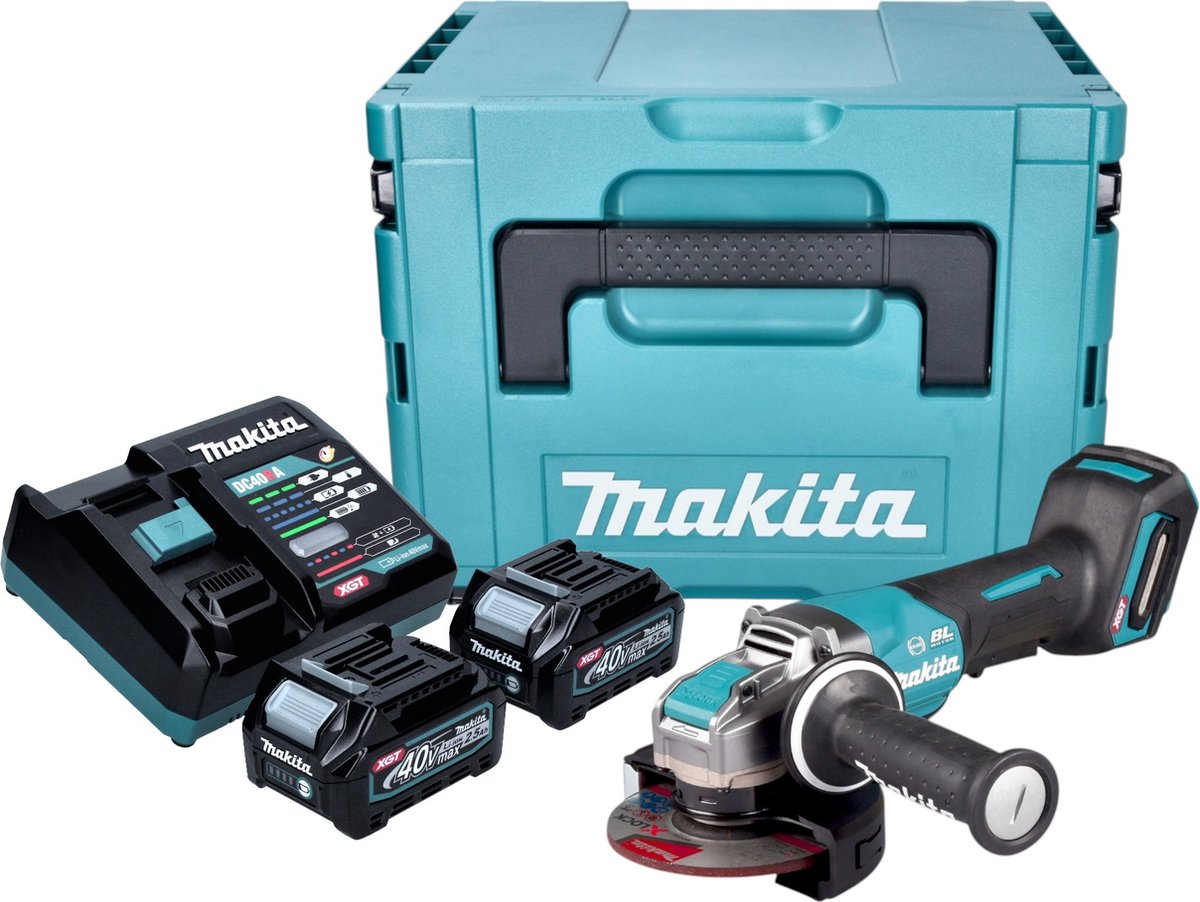 Makita GA 047 GD201 Accu haakse slijper 40 V max. 125 mm X-LOCK Brushless + 2x accu 2,5 Ah + lader + Makpac