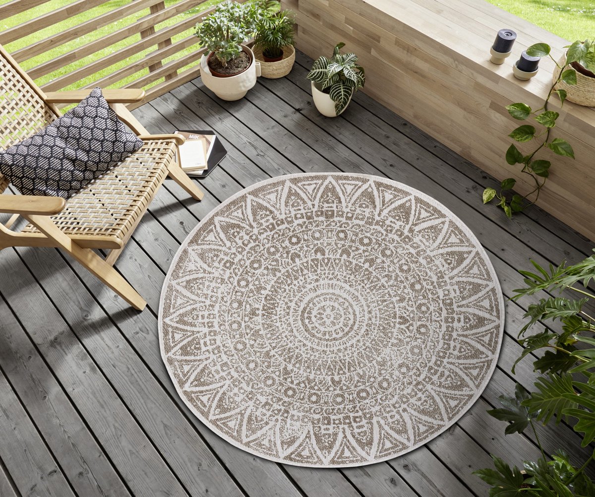Flycarpets Laagpolig Rond Vloerkleed - Omkeerbaar Binnen en Buitenkleed - Beige / Creme 100cm rond Ø