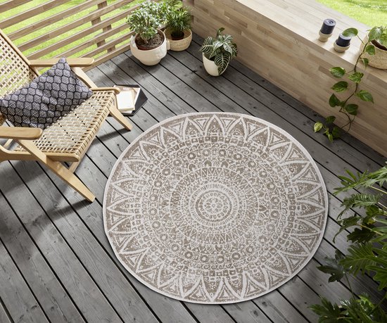 Flycarpets Laagpolig Rond Vloerkleed - Omkeerbaar Binnen en Buitenkleed - Beige / Creme 100cm rond Ø