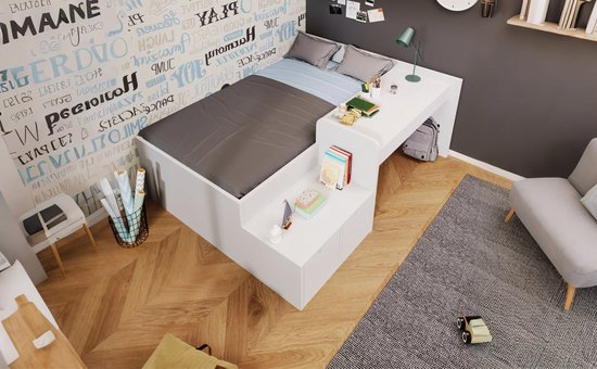 Lit enfant Merax 90x200 cm - Massief Hout - Bureau avec tiroirs de rangement - Wit - Lit Stauraumbed - Convient aux Garçons et Filles (matelas non inclus)