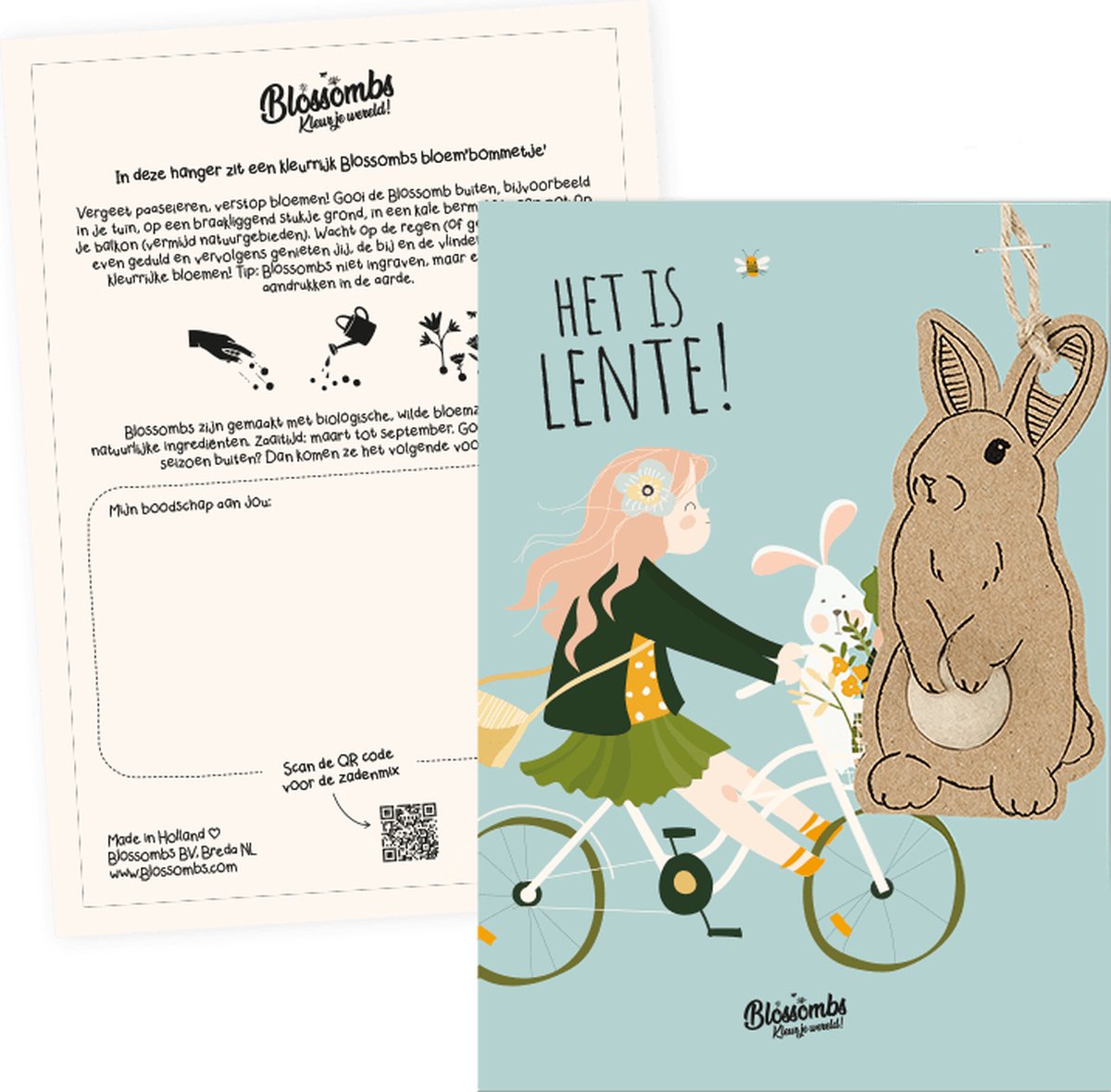 Blossombs Wenskaart met Zaadbom - Het is Lente - Hanger met Bloembommetje