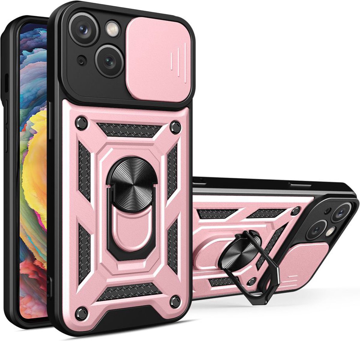 MobyDefend Hoesje - Geschikt voor iPhone 15 Plus - Pantsercase Met Draaibare Ring - Rosé
