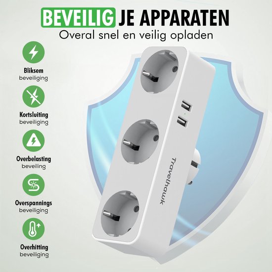 Prise d'alimentation 3 voies Travelhawk - Répartiteur de prise - 2 Portes USB - Wit