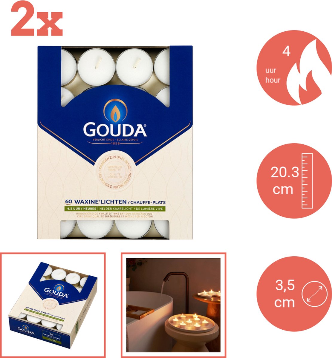 Gouda - Waxinelicht - 60 stuks per verpakking - Doos - Voordeelverpakking - 120 stuks - 2 verpakkingen