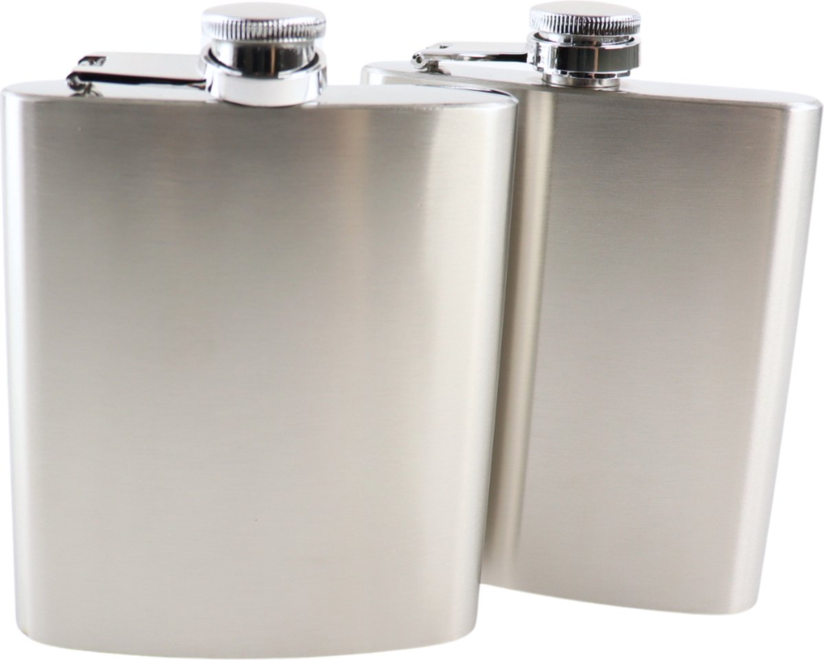 HIXA Heupfles - RVS - 200 ml - 2 Stuks - Platvink - Zakflacon - Drankflacon - Zilver