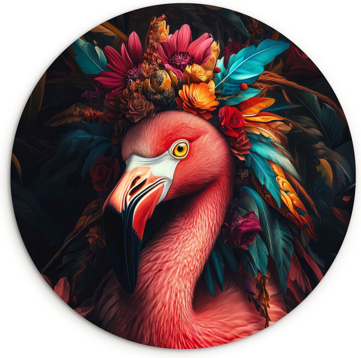 WallCircle Wandcirkel 30x30 cm - Muurcirkel Flamingo - Kleuren - Bloemen - Veren - Muurdecoratie woonkamer - Wanddecoratie slaapkamer - Kamer decoratie accessoires - Ronde schilderijen