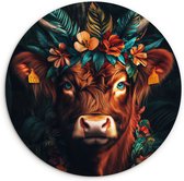 WallCircle - Wandcirkel 140x140 - Schotse Hooglander - Bloemen - Bladeren - Ronde schilderijen woonkamer - Wandbord rond - Muurdecoratie cirkel - Kamer decoratie binnen - Wanddecoratie muurcirkel - Woonaccessoires