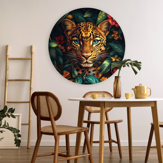 WallCircle - Wandcirkel 90x90 - Luipaard - Natuur - Bloemen - Bladeren - Jungle - Ronde schilderijen woonkamer - Wandbord rond - Muurdecoratie cirkel - Kamer decoratie binnen - Wanddecoratie muurcirkel - Woonaccessoires