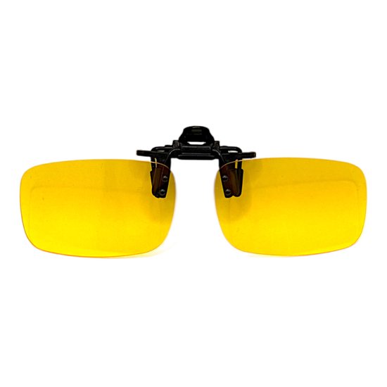 Gele clip-on brillenglazen met zwart montuur, gepolariseerd.