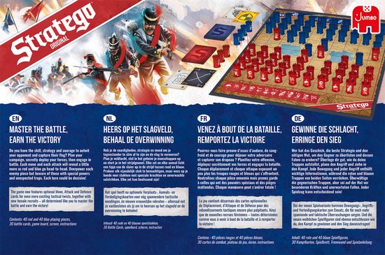De achterkant van de Stratego-doos toont het speelbord met rode en blauwe legers, slagveldkaarten en de spelonderdelen.