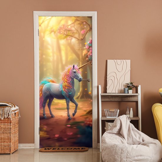 Affiche de porte 85x205 cm - Sticker porte Licorne - Forêt - Coloré - Fleurs - Meiden - Film meuble autocollant - Film porte chambre ado - Film intérieur chambre enfant - Film adhésif porte - Sticker papier peint porte - Décoration chambre ados