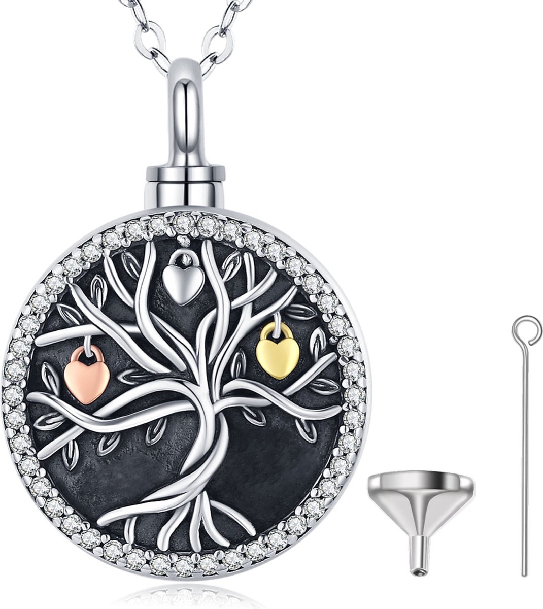 Assieraad Zilver (925) Levensboom Met Hartjes & Zirkonia Stenen Met Ketting