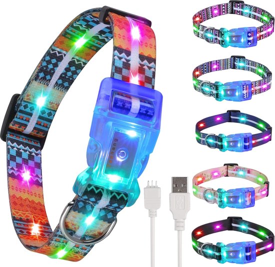 MASBRILL Luminous Dog Collar, Rechargeable in the Dark, 7 Colours, 8 Flashing Modes, Adjustable, Waterproof, LED Light Dog Collar for Large, Medium and Small Dogs, Red, M