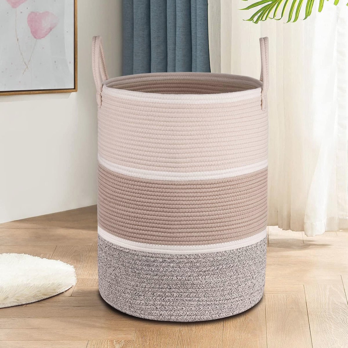 Goedkoopste Gevlochten Wasmand met Handgrepen - Grote Katoenen Opbergmand voor Deken, Kleding, Accessoires en Speelgoed - 41 x 51 cm