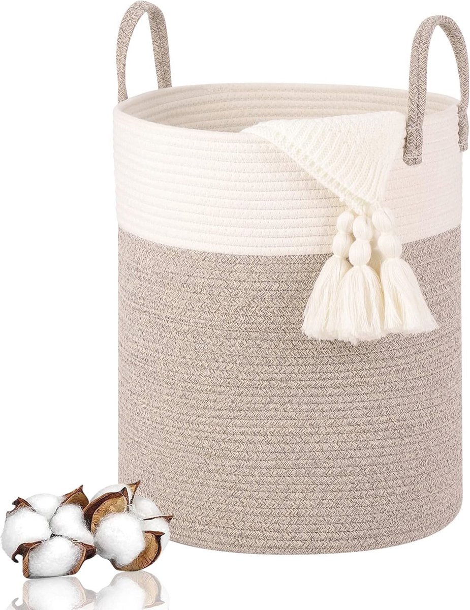 Goedkoopste Gevlochten katoenen wasmand 53L voor speelgoed en wasgoed, opbergmand met handvat 46 x 38 cm