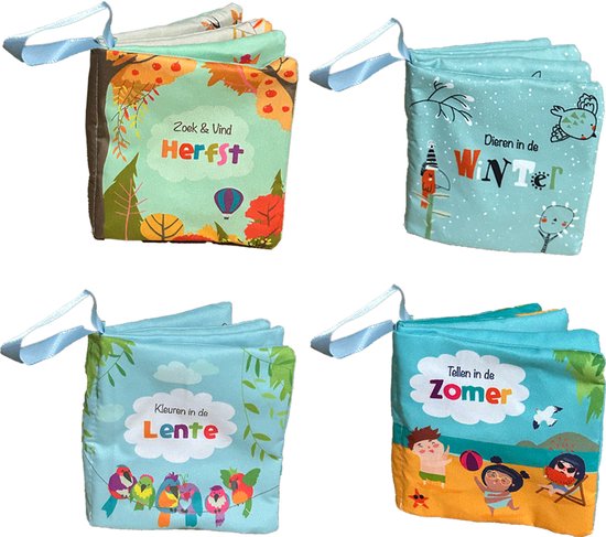 4 zachte knisperboekjes in seizoenen - Dieren, kleuren, tellen en zoeken - Buggyboekje voor de kleine handjes - Eerste jaar baby speelgoed - Jongen / Meisje - 0 jaar / 6 maanden / 1 jaar - Kleine cadeautjes - Eerste woordjes
