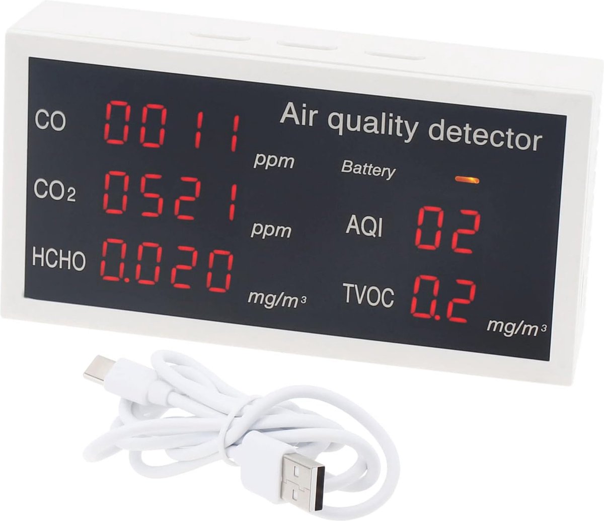 5-in-1 Luchtkwaliteitsmonitor - CO2, HCHO, TVOC, CO en AQI Detector voor Binnenruimtes