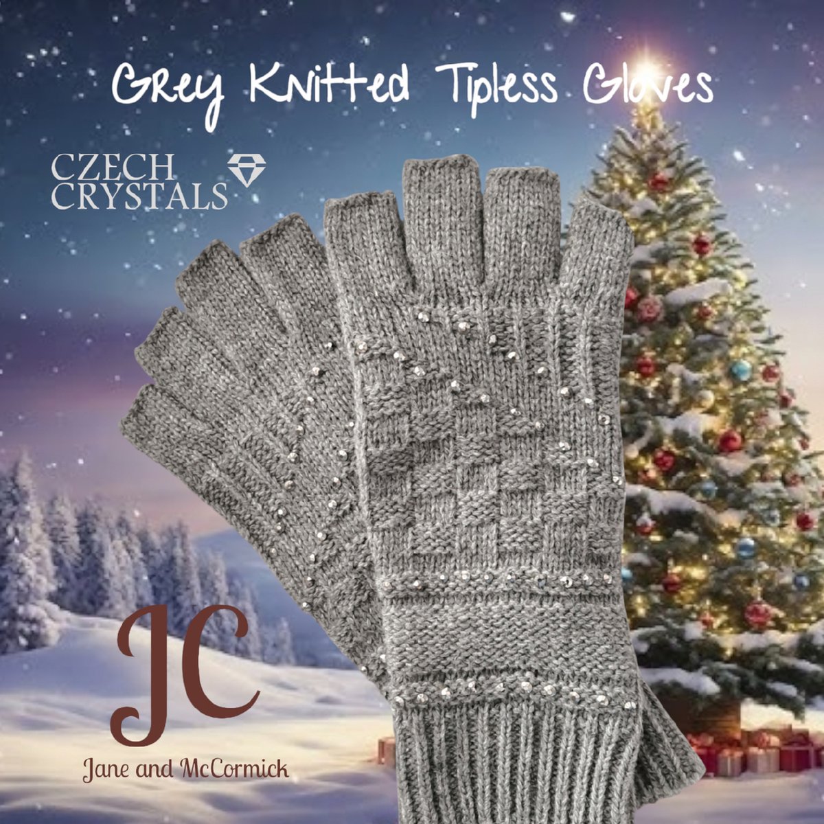 Huiscollectie - JC - Herfst Winter Gebreide handschoenen met czech crystal elements - VingerTipless - Grijs - Zigzag blokmotief - zilver grijs crystal - volwassenen jeugd - vrouwen - casual