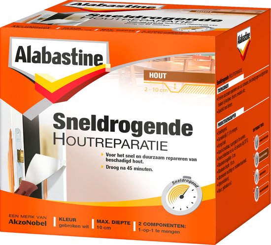 Oranje verpakking Alabastine Sneldrogende Houtreparatie, gebroken wit. Met illustratie van houtreparatie.