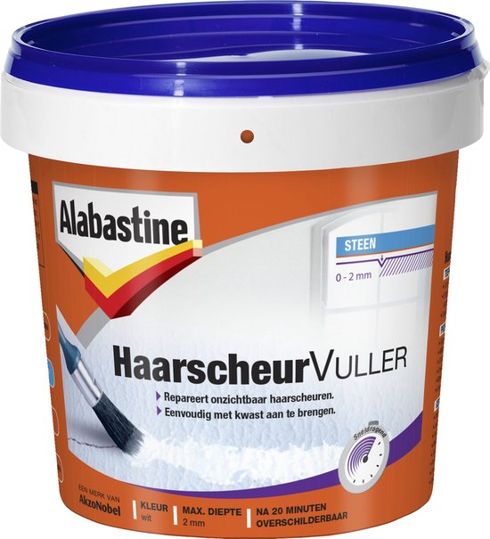 Alabastine Haarscheurvuller pot met blauw deksel. Oranje label met witte tekst 'HaarscheurVuller' en een kwast.