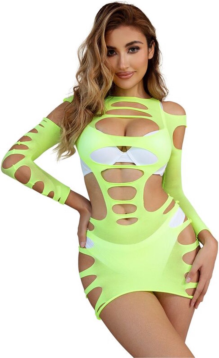 SUBBLIME - 952280 GROEN LANGE MOUW ELASTISCH VISNET JURKJE ONE SIZE | LINGERIE | SEXY LINGERIE | EROTISCHE LINGERIE | EROTISCHE JURK