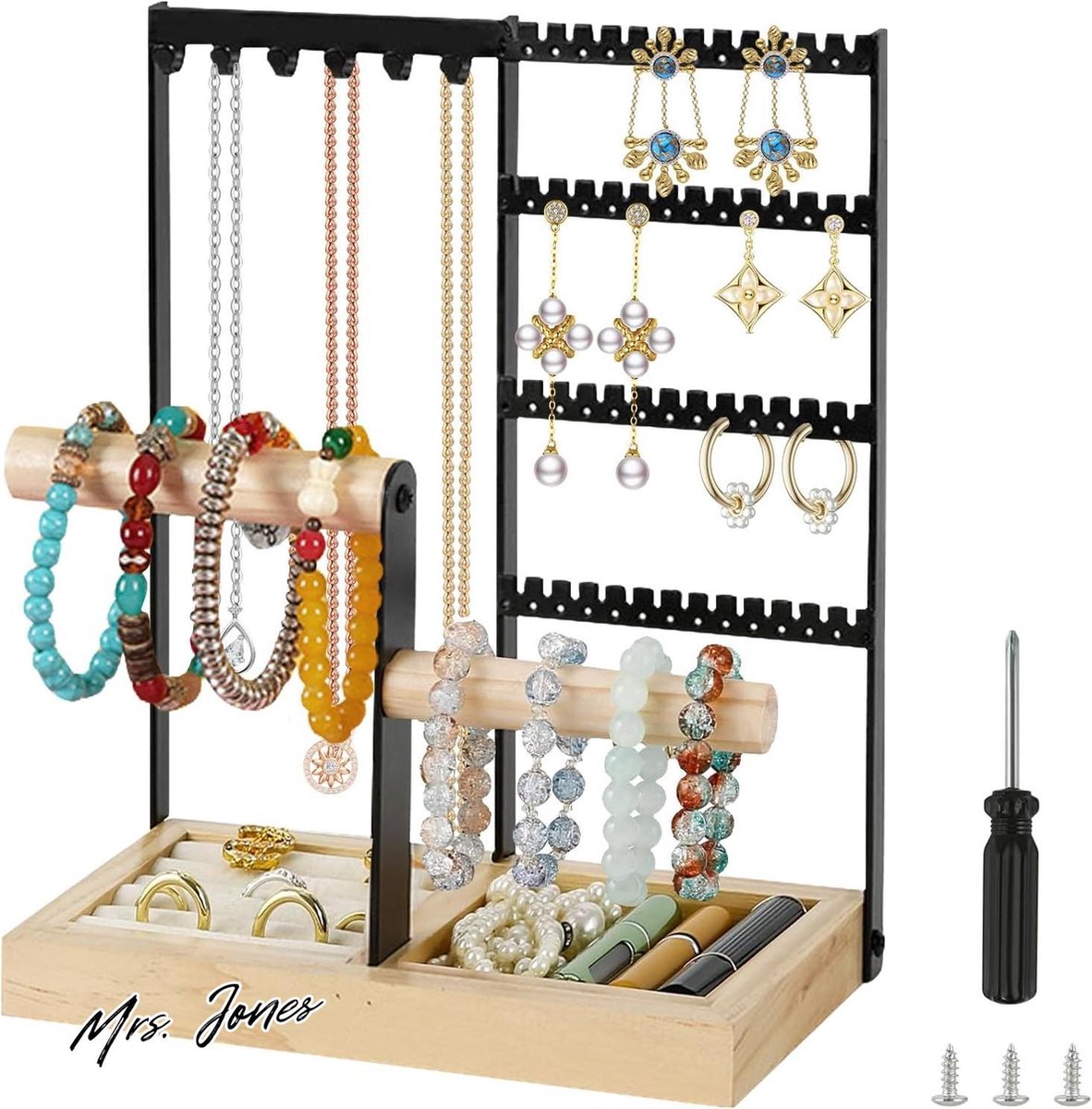 Mrs. Jones Sieradenstandaardsieradenhoudersieradenboom-houten dienblad-4-staven-kettingenoorbellen-Watch Stand .