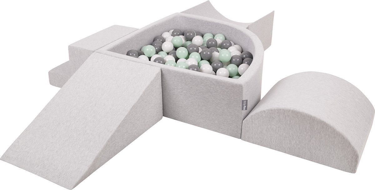 KiddyMoon Schuimspeelplaats met kwartcirkelvormig Ballenbad - ∅7cm 200 Ballen - Speeltoestel met Helling Wig Halve rol Trede - Ballenbak ballen voor baby - Schuimspeelset voor kinderen - Hindernisbanen - Lichtgrijs: Wit Grijs Munt
