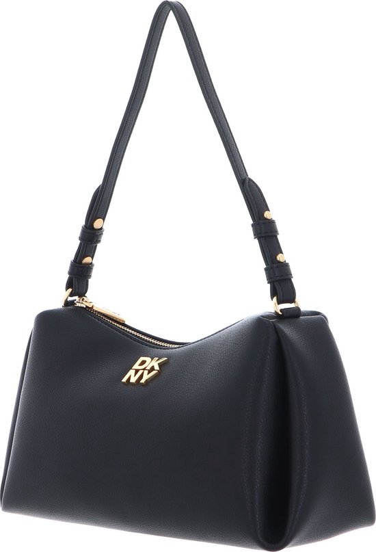 Zwarte DKNY schoudertas met gouden 'DKNY' logo, van de zijkant gefotografeerd.