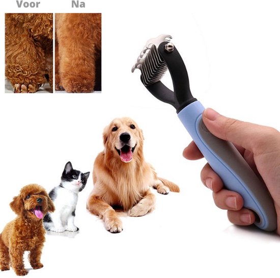 Collage met een poedel, kat, golden retriever en een hand die een blauw-grijze borstel vasthoudt. Ook 'Voor' en 'Na' foto van een vacht.