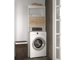 Wasmachine Kast - Wasmachine Ombouw Opbergrek 3 Schappen - Wasmachine Meubel Met Verhoger - Kast Voor Wasdroger - Wit/Eiken