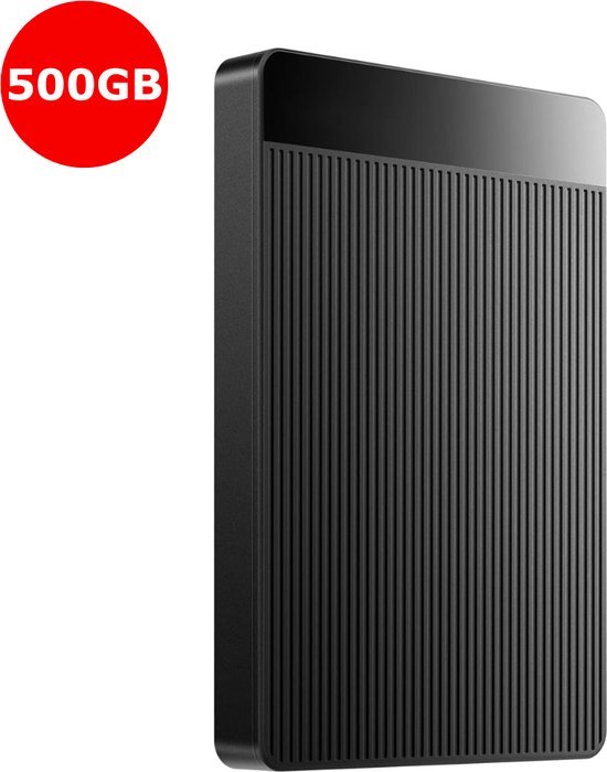 Zwarte externe harde schijf van 500GB met verticale ribbels op het bovenvlak.