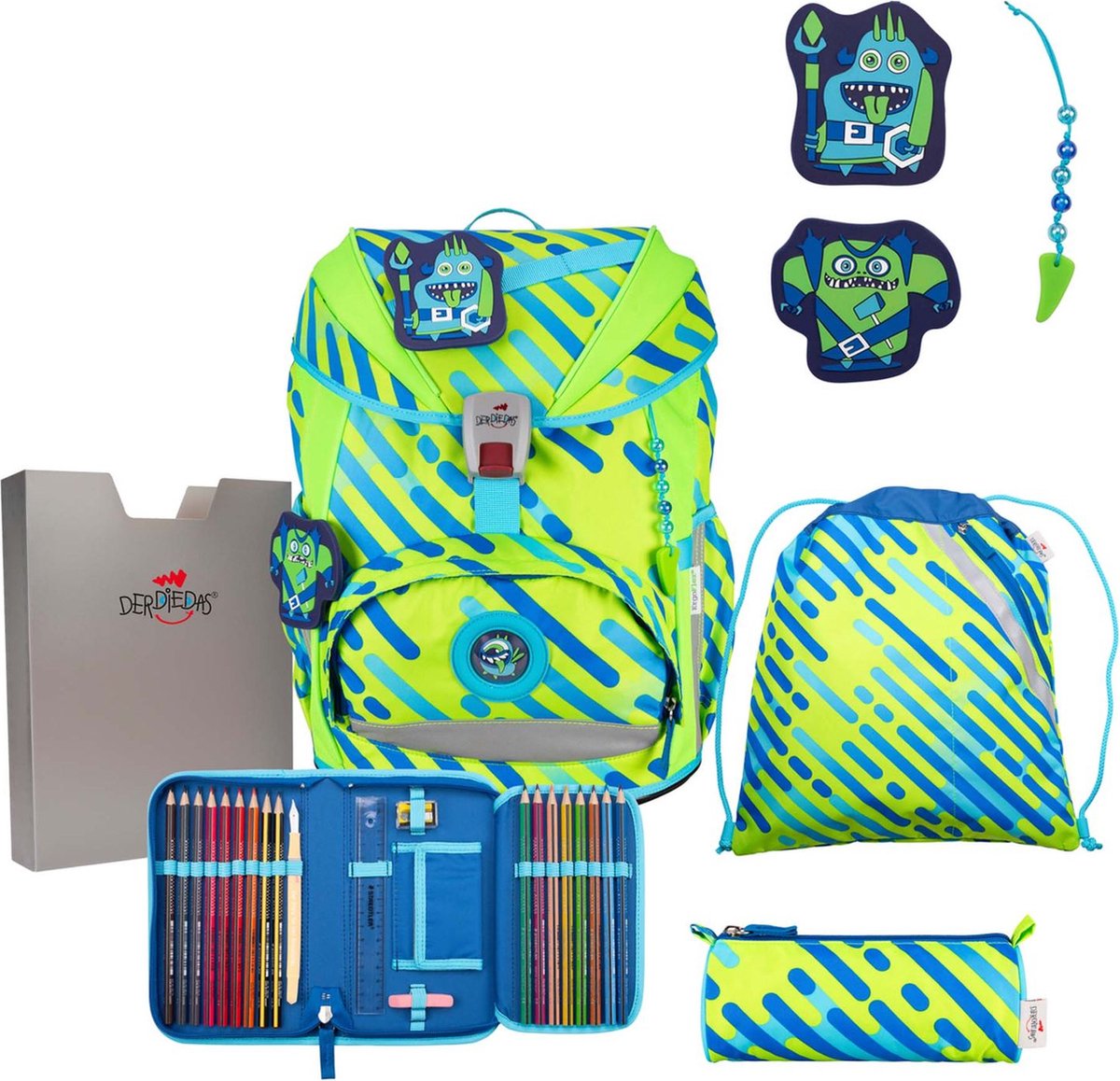 DerDieDas Schooltas ErgoFlex Exklusiv Neon Schulranzenset 5-delig Monster Neongroen