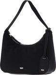 Zwarte DKNY schoudertas met zilverkleurig ritsdetail, enkele band en een losse leren label.