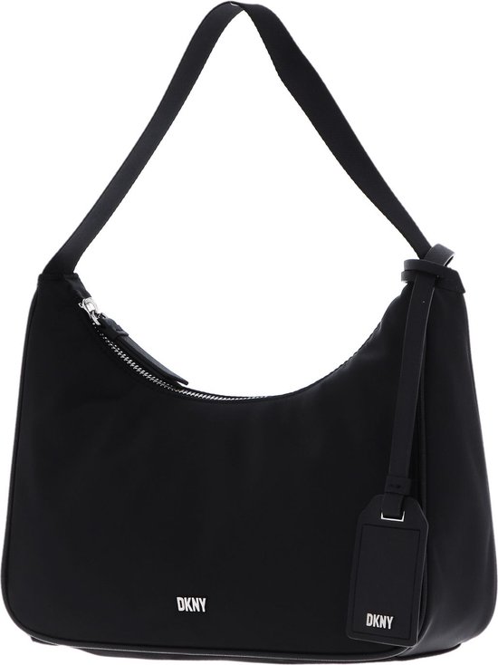 Zwarte DKNY schoudertas met zilverkleurig ritsdetail, enkele band en een losse leren label.