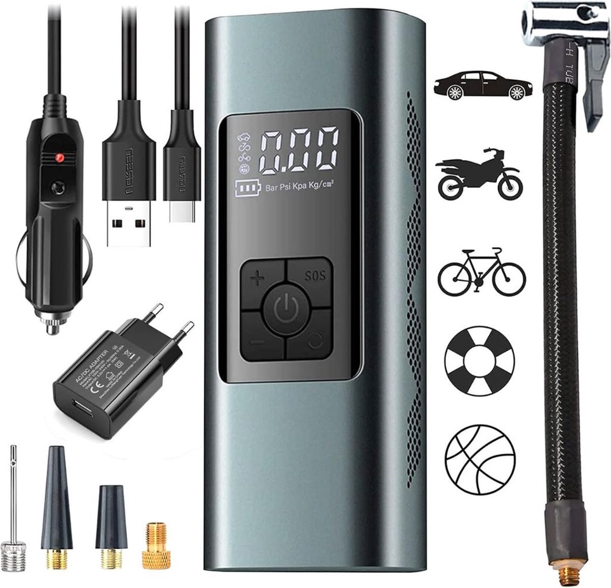 Autobanden Pomp - Elektrische Fietspomp - Compressor - Luchtcompressor - Zwart met Grijs