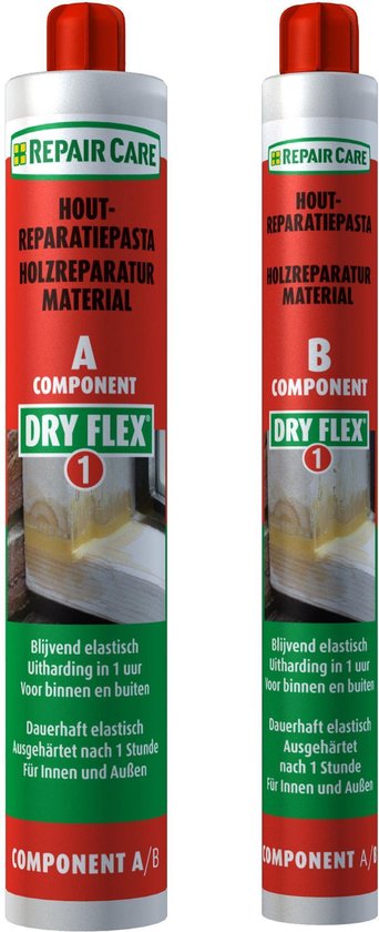 Twee flessen Repair Care Dry Flex 1 hout reparatiepasta. Component A en B in rode en groene verpakking.