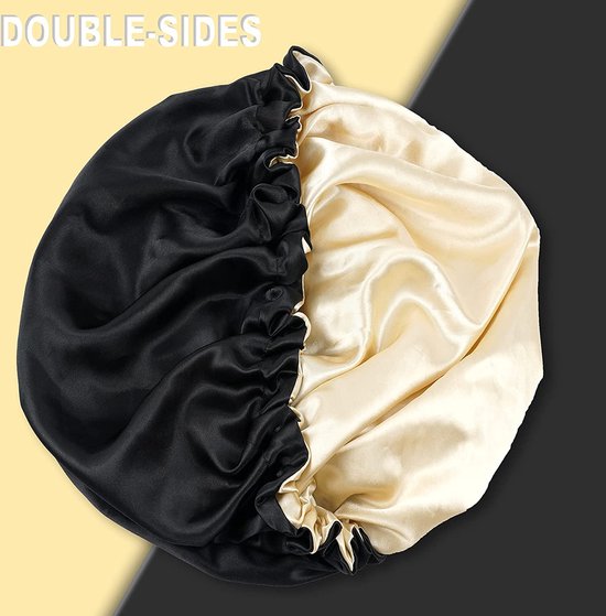 Satijnen bonnet nachtslaapmuts, 2-in-1 zijden kap om te slapen, met zijden scrunchies, elastisch, verstelbaar, motorkap, beschermt haar tegen breuk en gespleten haarpunten (zwart Satijnen bonnet nachtslaapmuts, 2-in-1 zijden kap om te slapen, met zijden scrunchies, elastisch, verstelbaar, motorkap, beschermt haar tegen breuk en gespleten haarpunten (zwart