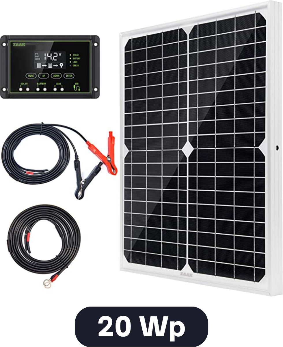 ZAAK. Topsolar 20Wp 12 Volt zonnepanelen compleet pakket Plug and