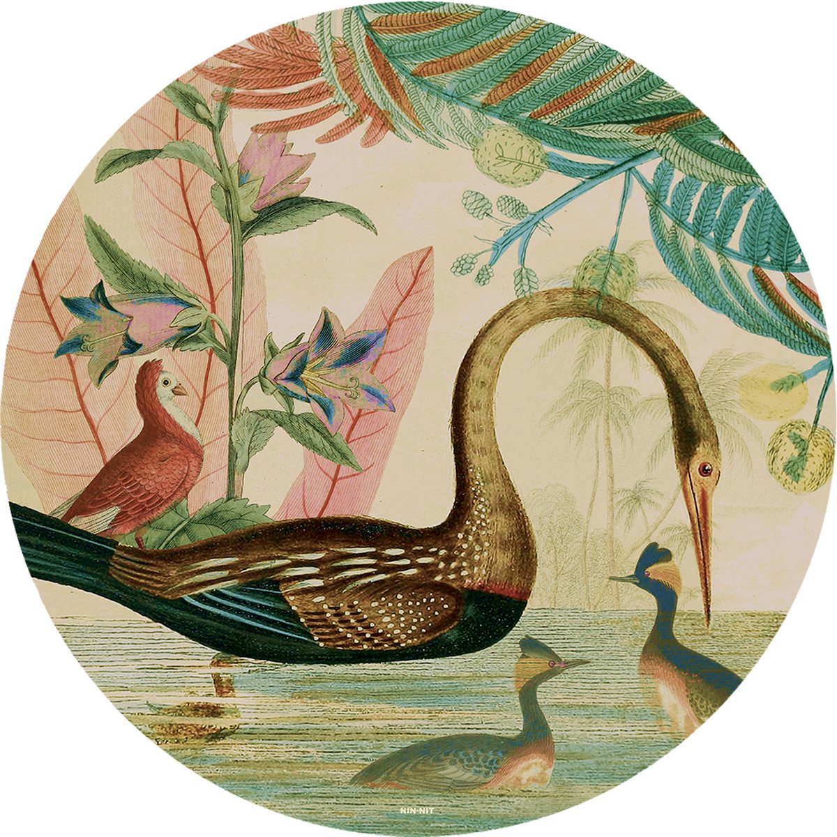 NIN-NIT - The Lake - wall-art - Wandcirkel - muurcirkel - Ø60 cm - dibond - aluminium - botanisch - bohemian - eclectisch - vogels - natuurprint - bloemen - groen - blauw - roze - beige - multicolor